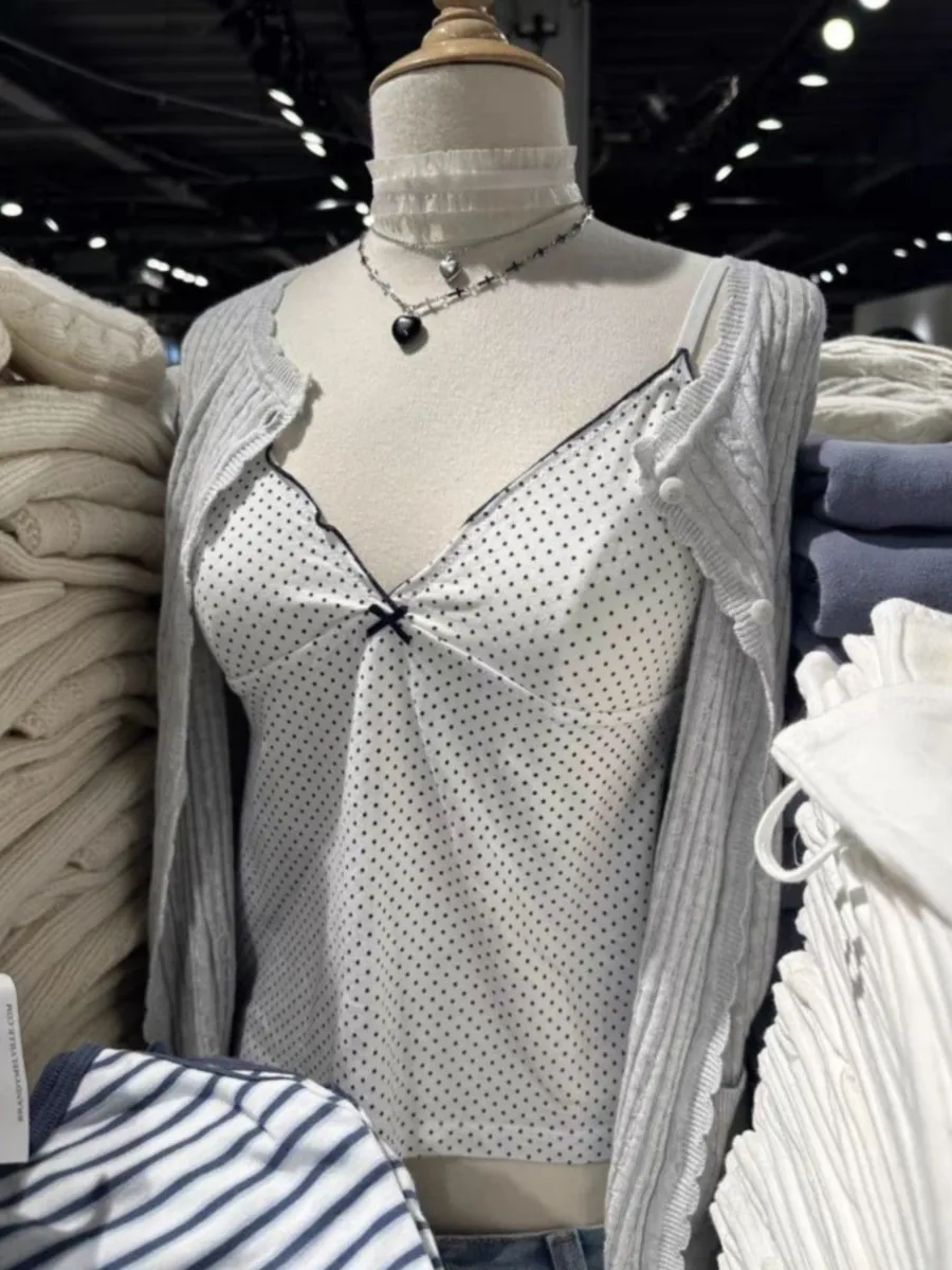 

Summer Black Dot Fungus Trim Bow Crop Top Women Cotton Slim V-neck Sleeveless Camisole Sweet Cute Preppy Style Tank Tops Y2K New