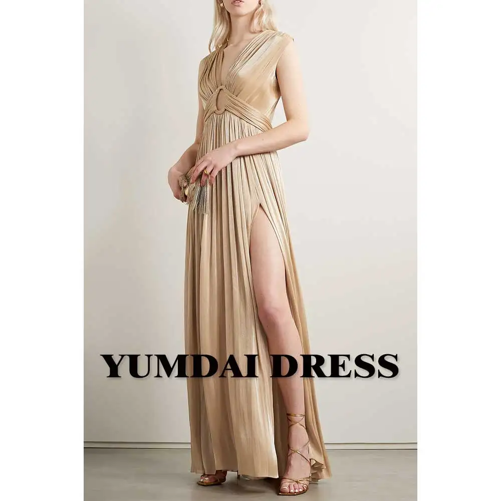 

YUMDAI Elegant Sleeveless Shiny Gold Evening Gown Sexy V Neck Mommy Dress 2024 Drape High Slit Party Dress Wedding Guest Dress