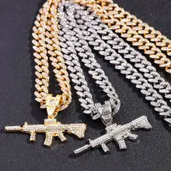 Hip Hop Iced Out Crystal AK47 Gun Pendant Cuban Necklace For Men Women Luxury CZ Tennis Chain Necklace Punk Rock Jewelry Gift