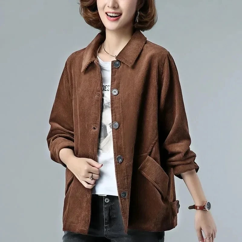 

Fashion Korean Style Corduroy Jacket Middle Aged Elderly Women Spring Autumn Loose Casual Pocket Coat Tops Female Outerwear