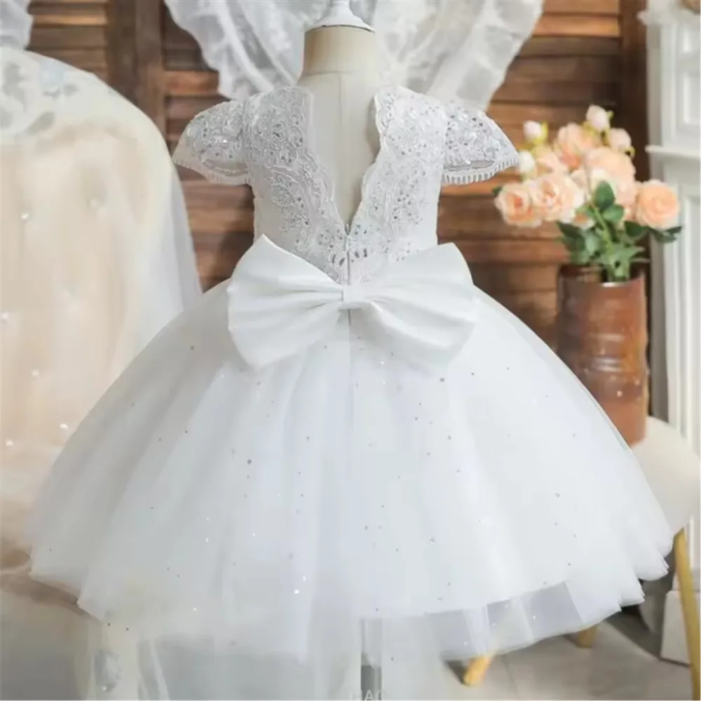 Elegante schattige lovertjes bloemenmeisje trouwjurk applicaties met strik prinses verjaardagsfeestje baljurk kinderen eerste communie jurk