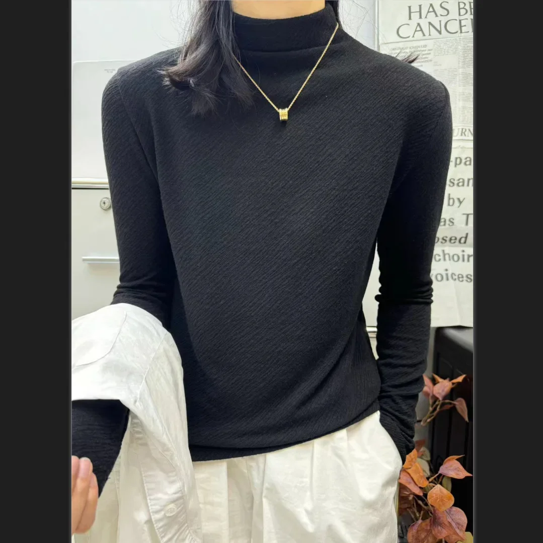 2024 Autumn And Winter New Korean Version Wool Semi-Turtleneck Bottoming Shirt Women's Twill Versatile Fashion Long-Sleeved Top