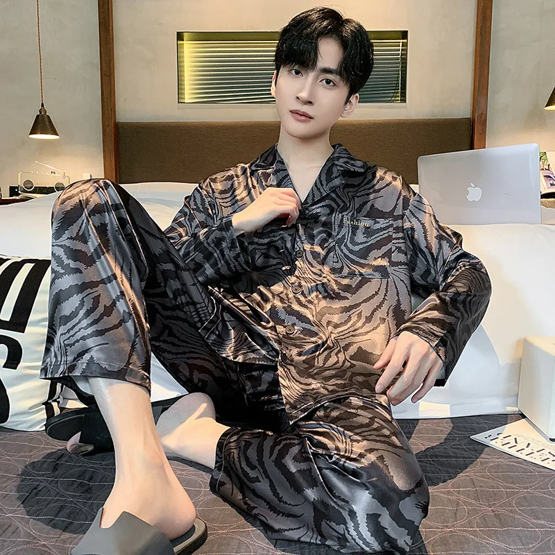 2024 New Spring Autumn Ice Silk Large Size Sleepwear Long Sleeved Thin Style Summer Men\'s Homewear Two-piece Set Loose Lapel