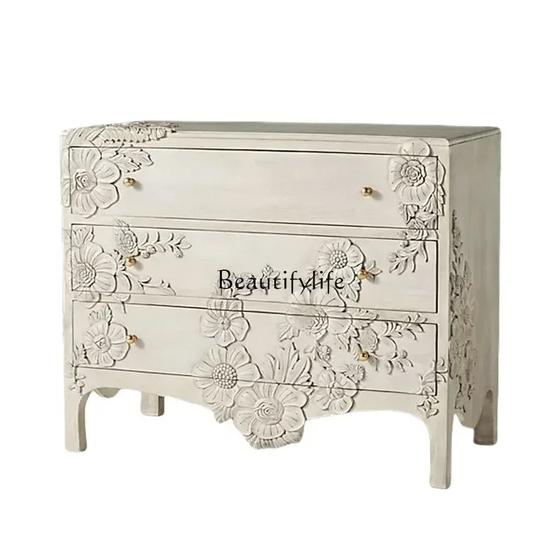 

French Style Solid Wood Entryway Cabinet American Retro Style Three-Door Sideboard Vintage Entryway Decorative Cabinetlx