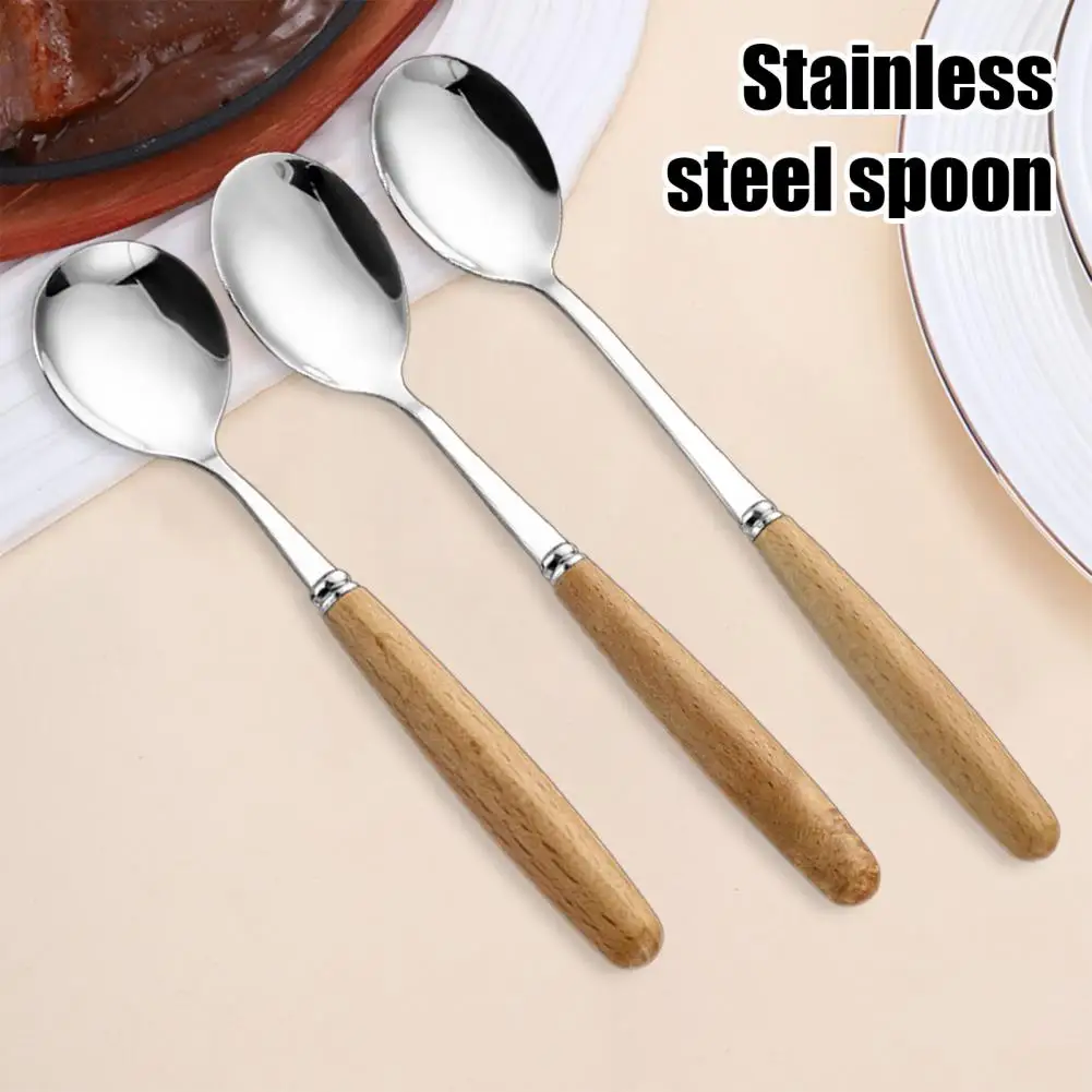 

Wooden Handle Spoon Stainless Steel Serving Tablespoons Rust-Proof Dinner Spoon for Home Kitchen Restaurant Coffee Scoops