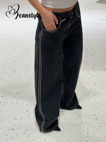 Punk Pant Edge Rivet Women's Jeans Black Denim Loose Straight Mopping Pants Female 2025 Fashion New All-match Lady Trousers