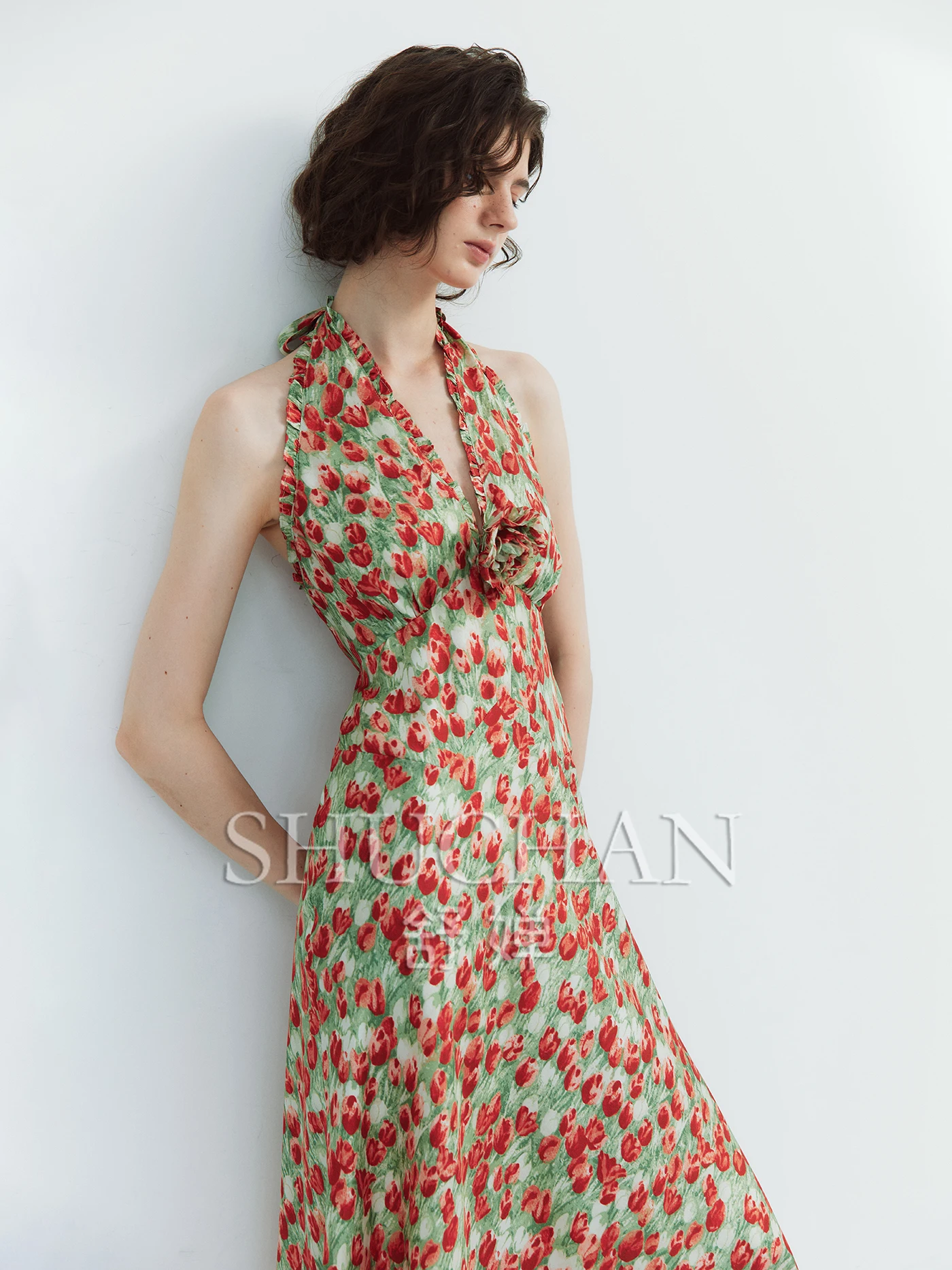 

Twill Silk, French Holiday Style V-neck Wooden Ear Edge Three-dimensional Flower Floral Dress Women Vestidos De Mujer