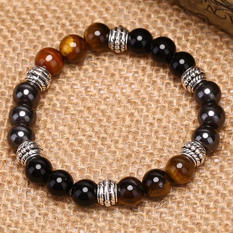 Unique Natural Tiger Eye Stone Men's Beaded Bracelet Men Stainless Steel Hematite & Black Obsidian Stone Magnet Bracelets Male