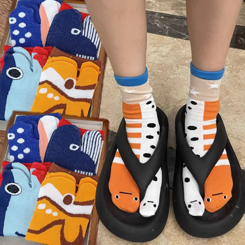 

Милые забавные шлепанцы в японском стиле с аквариумными животными, носки до середины икры, креативные садовые носки для пар в полоску с угревом, рыбой, клоуном, акулой