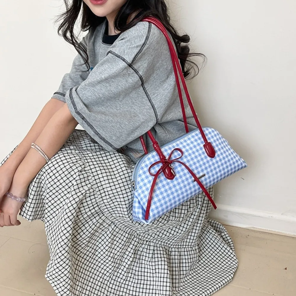

Korean Style Plaid Underarm Pack Sweet Bowknot PU Leather Boston Shoulder Bag Casual Solid Color Women Handbag Ladies/Girls
