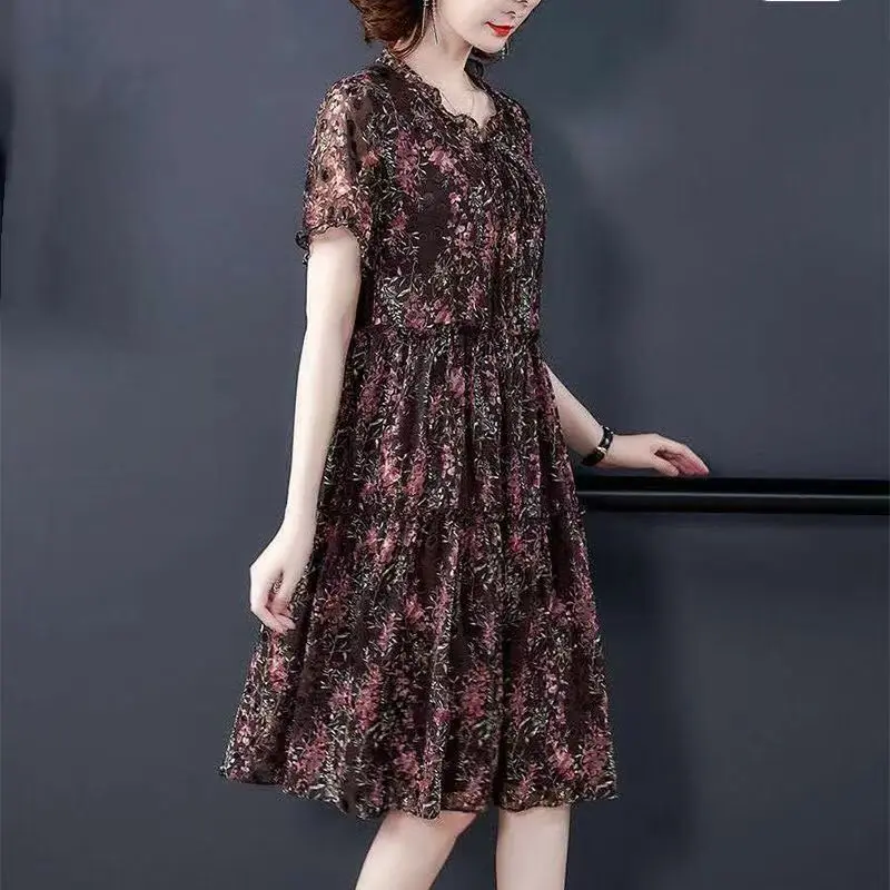 Simplicity Female Clothing V-Neck Floral Printing Short Sleeve Net Yarn A-line Summer Ruffles Lacing Sheer Loose-fitting Dress