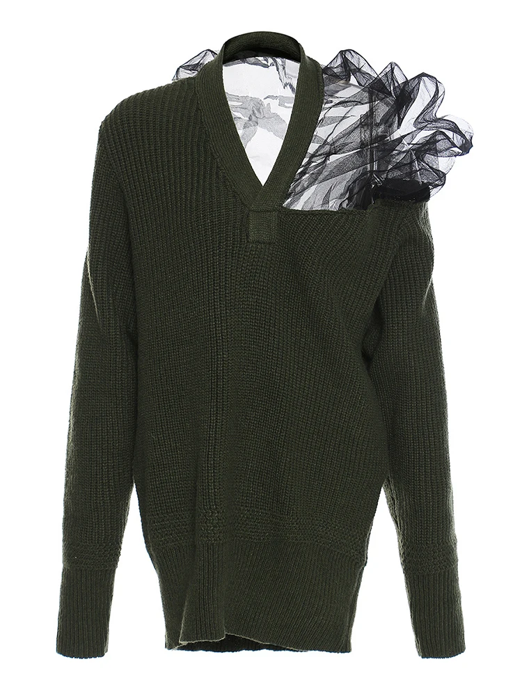 

Женский шерстяной свитер STUDIO с V-образным вырезом, весна-осень, уличный стиль, средней длины, с широкими рукавами, вязаный, с элементами пэчворка