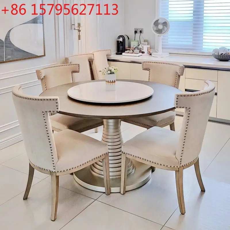 

American light luxury round solid wood with turntable dining table and chair combination modern simple luxury champagne gold