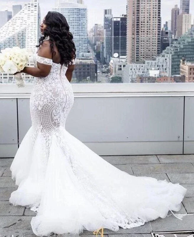 Aangepaste zeemeermin trouwjurken bescheiden plus size off-shoulder trompet sweep trein tule kant Afrikaanse bruidsjurken