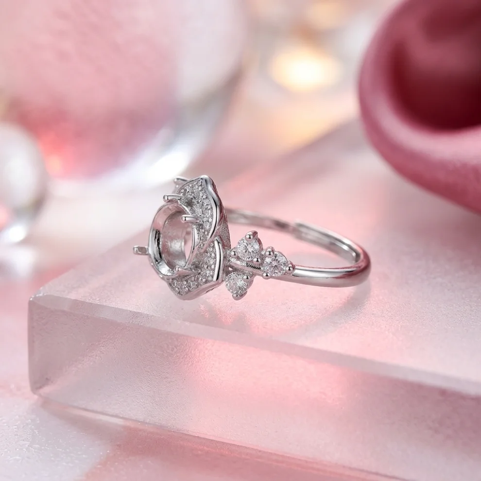 Elegant Rose Flower Ring Blank Base, Mount for 6mm Round Cabochon Stone Ring, Adjustable Semi Mount DIY Craft Jewelry Supplies