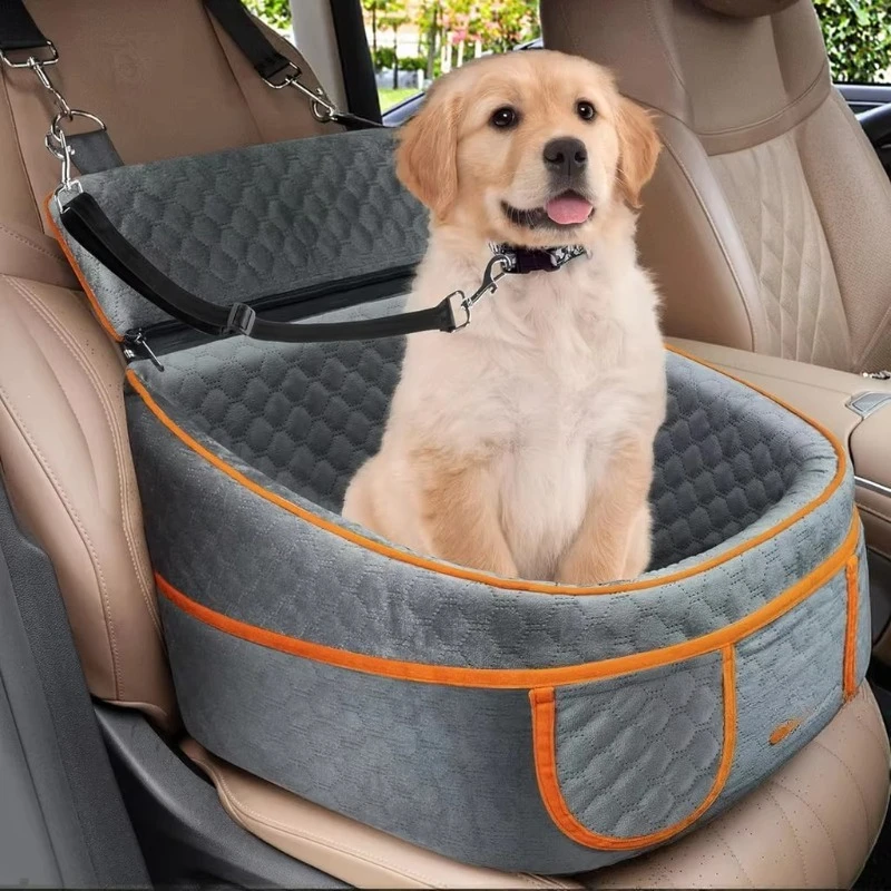 Dog Car Seat for Small to Medium Dogs 35lbs Waterproof Bottom 4 Storage Pockets Removable Washable Grey Printed Polyester