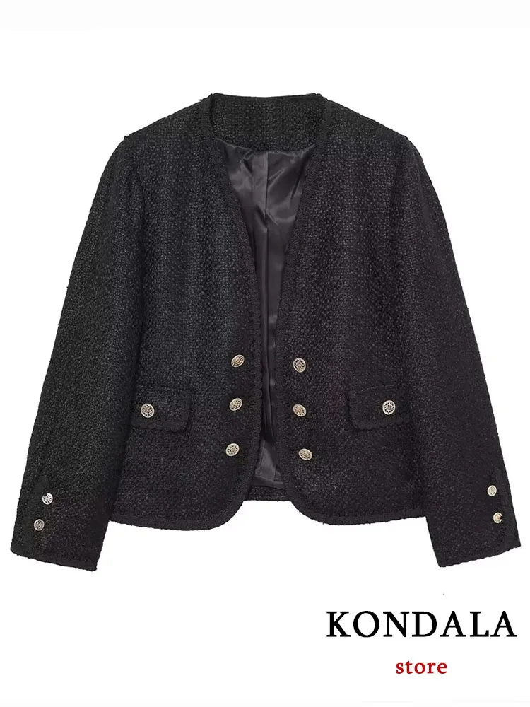 KONDALA Vintage Commute Casual Black Solid Office Lady Suit Long Sleeve Button Short Blazer Short +High Waist Skirt Fashion 2022