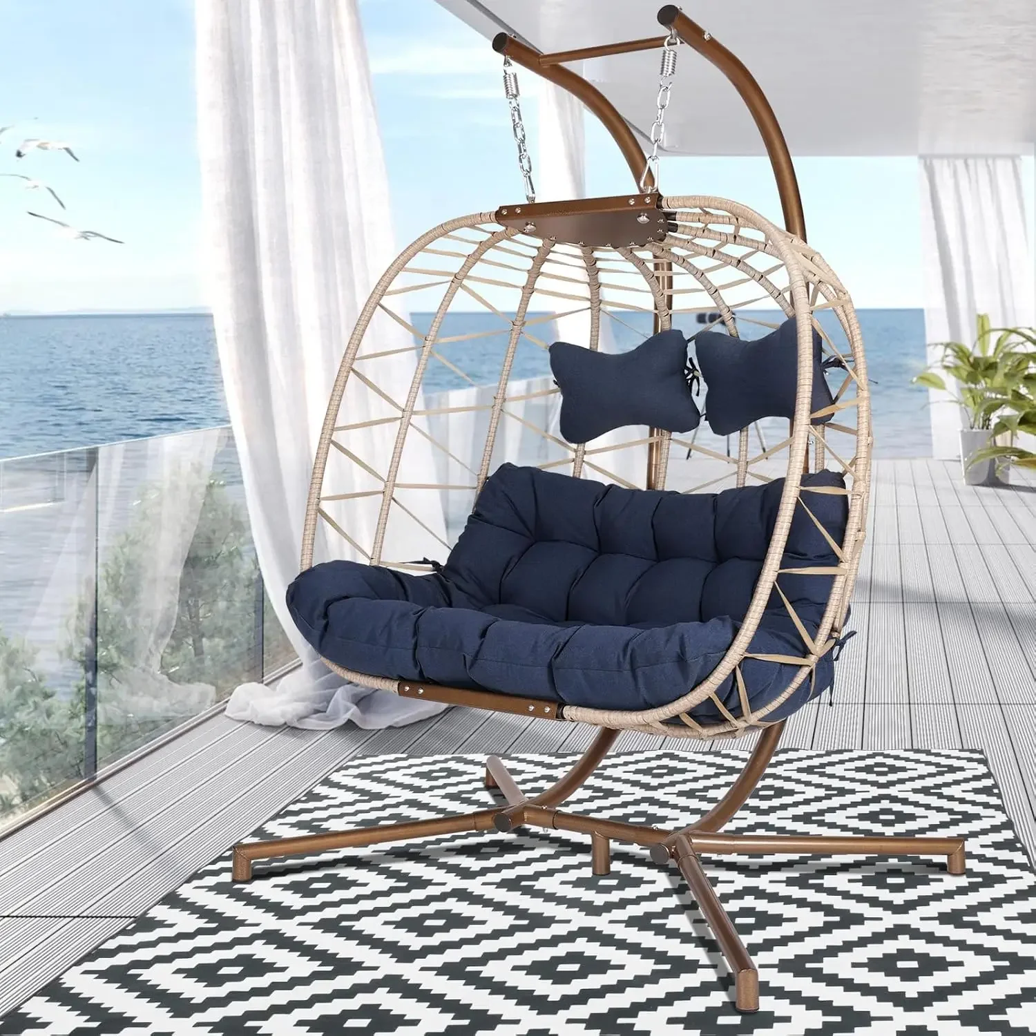 BULEXYARD Indoor Outdoor Oversized Double Hanging Egg Chair with Stand, Foldable Large 2 Person Swing Chair, Hand-Woven PE Wicke