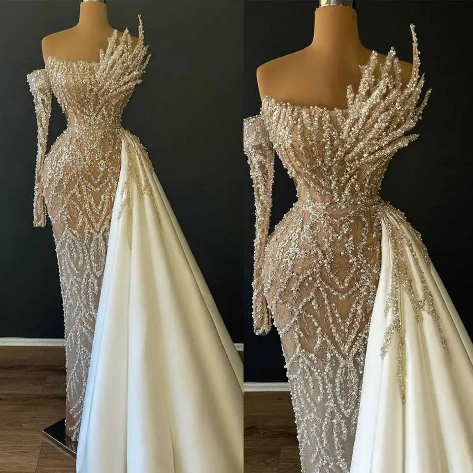 Designer Evening Dresses For Women One Shoulder Long Sleeves Gown Sequins Beaded Sweep Train Customized Dress Party Prom