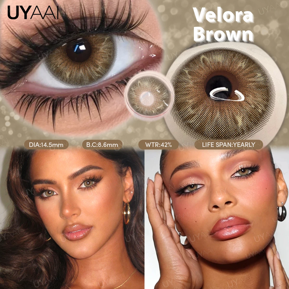 Lentes de Contacto de Color Marrón Velora UYAAI, Lentes de Contacto de Color Natural para Maquillaje de Mujer, Pupilas de Color Gris, Lentes Suaves y Cómodas