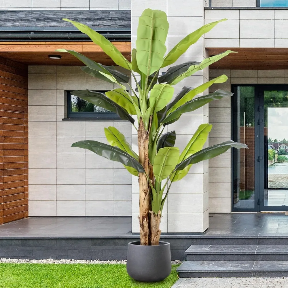 Árbol de plátano artificial extra alto de 8,5 pies, planta de hoja de plátano falsa con 26 hojas de plátano de imitación, perfecto para Pati interior y exterior del hogar