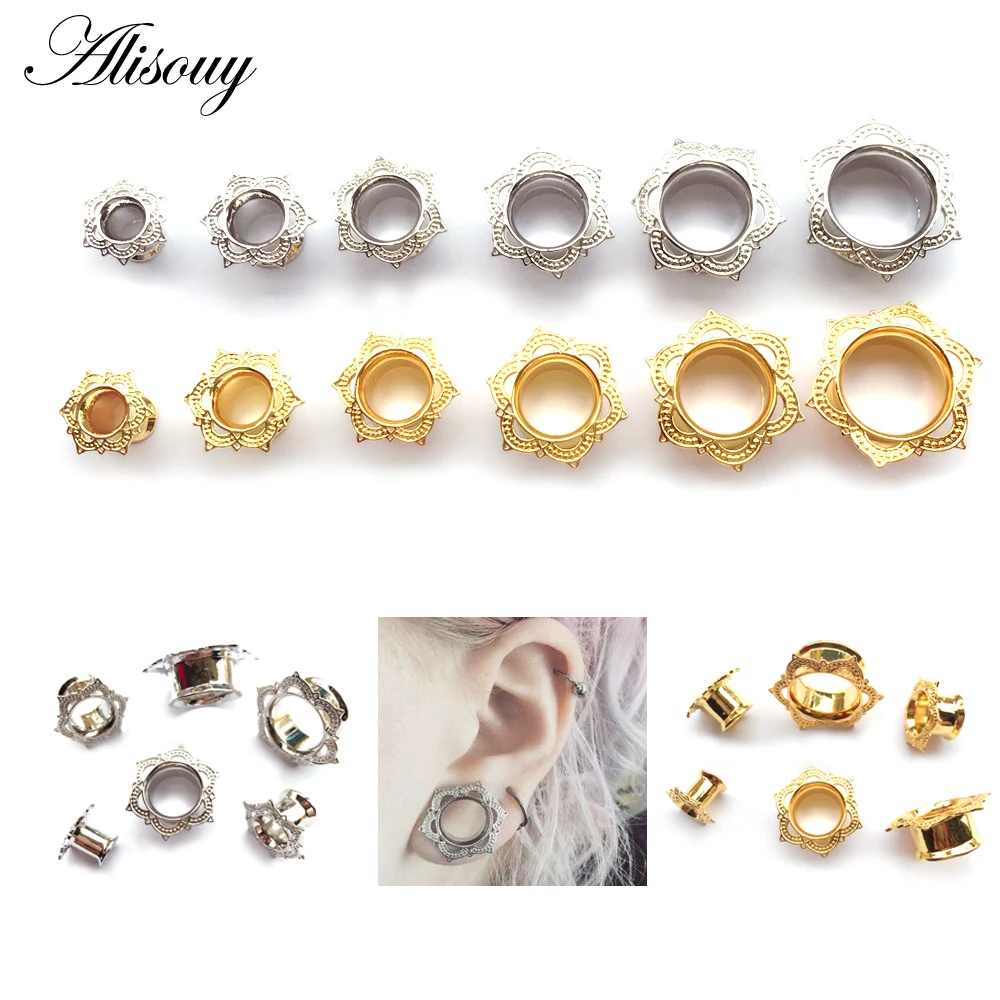 Alisouy 2 PCS Gold Color Plug & Tunnel Ear Jewelry Ornate Stainless Steel Body Piercing Jewelry Ear Expander Gauge 6 to 16 mm