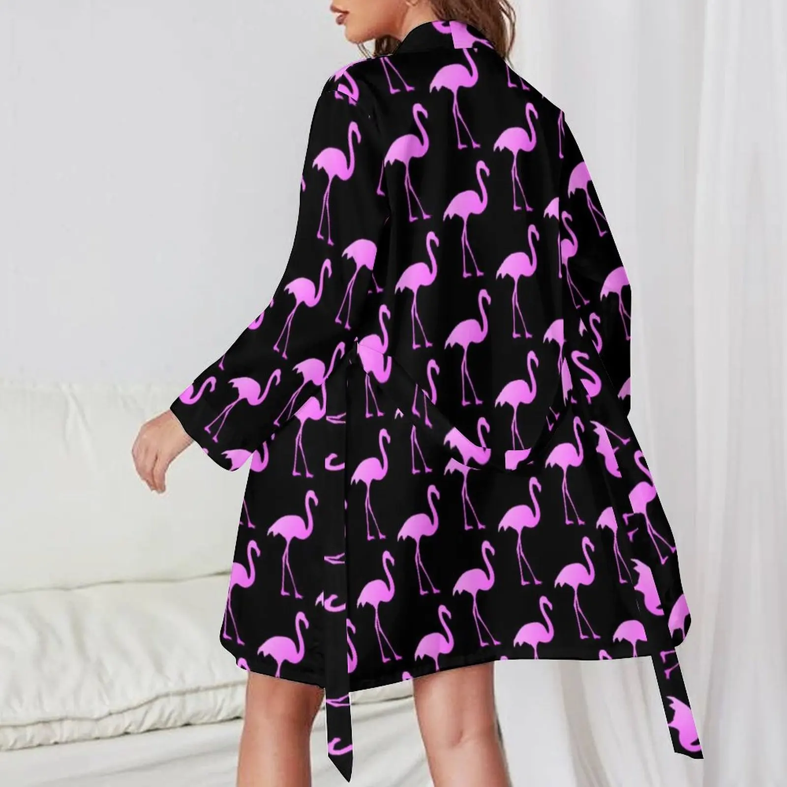 Pink Flamingo Bird Pajama Robe Cute Animal Print Long-Sleeve Fashion Pajamas Robes Lady V Neck Nightgown Autumn Graphic Dresses