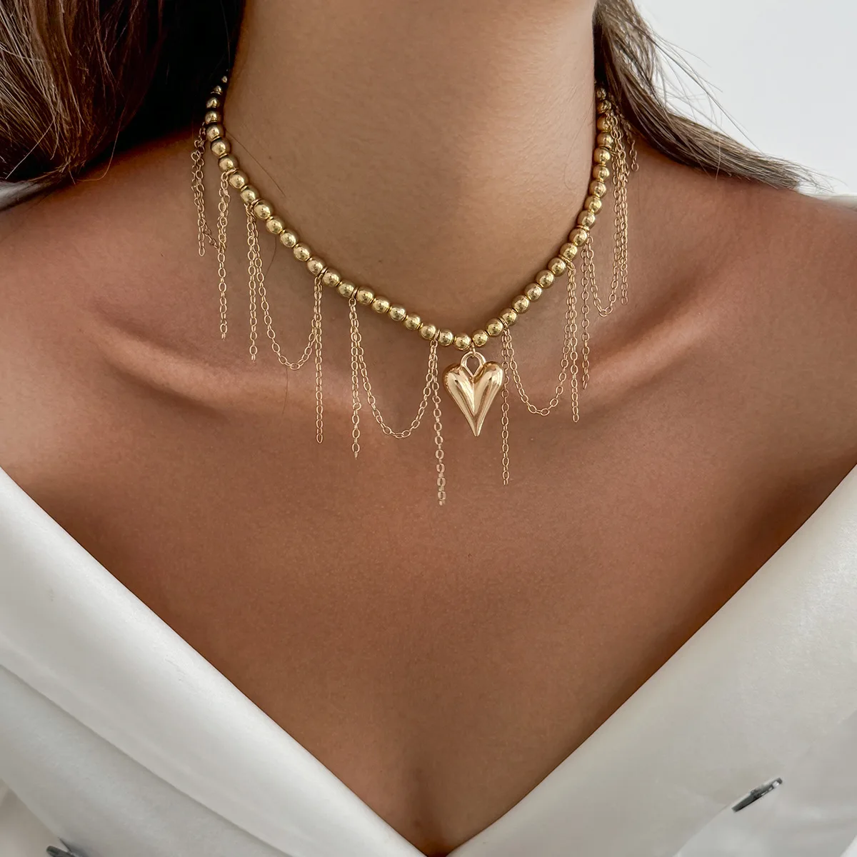 

Ailodo CCB Plastic Beads Heart Pendant Choker Necklace For Women Vintage Short Tassel Necklace Party Wedding Jewelry Girls Gift
