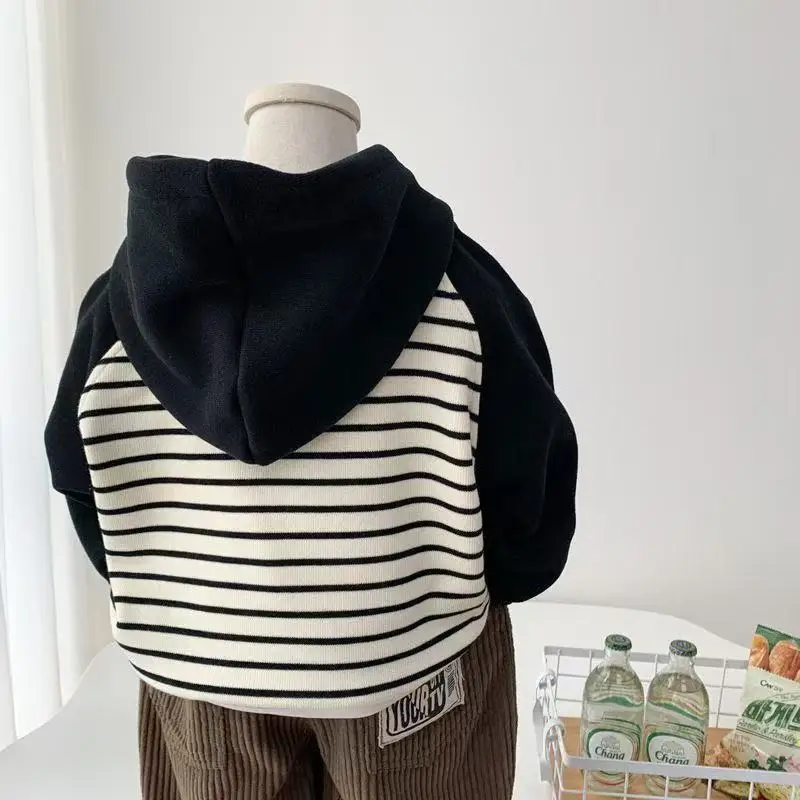 Kids Boy's Velvet Thickened Hooded Sweatshirt Autumn Winter Children's Clothing Fashion Striped Casual Top 2-7Y Pullover Hoodie