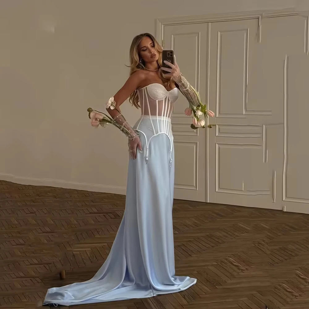 

Elegant Blue Satin Evening Dresses 2025 Sweetheart Mermaid Prom Party Gowns Sweap Train Formal Occasion Dresses Customized