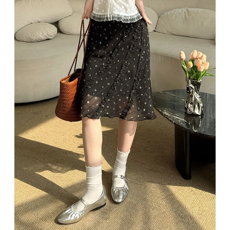 Deeptown Vintage Floral Skirts Women Elegant Korean Style Black Mesh Mid Skirt Sweet Y2k Harajuku A-line Short Skirts Aesthetics