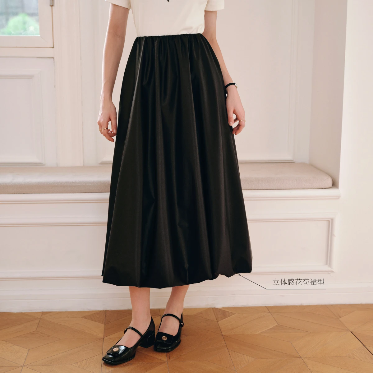 OLrain 2026 Autumn Women Black High‑waist Paper‑bag Waist A‑line Suit Fabric Midi Skirt Slim Fit Elegant Casual O57XB98890