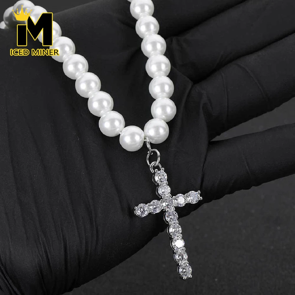 

Icedminer 10 мм белый жемчуг из нержавеющей стали 316L звено цепи ожерелье с латунным крестом кулон для женщин мужчин цепочка хип-хоп ювелирные изделия