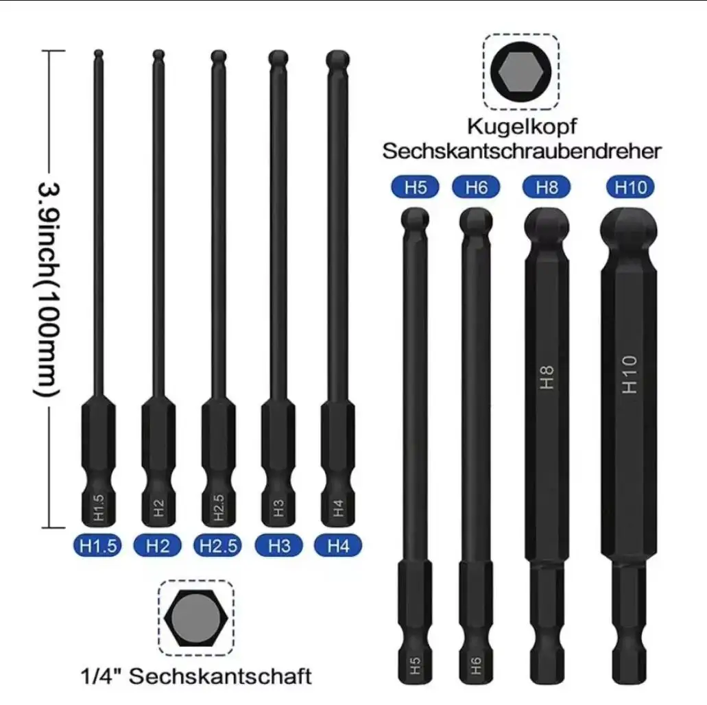 

9-Piece 100mm Ball End Hex Screwdriver Bit Set - 1/4 Inch Hex Shank Magnetic Allen Wrench Drill Bits with Magnetic Tips