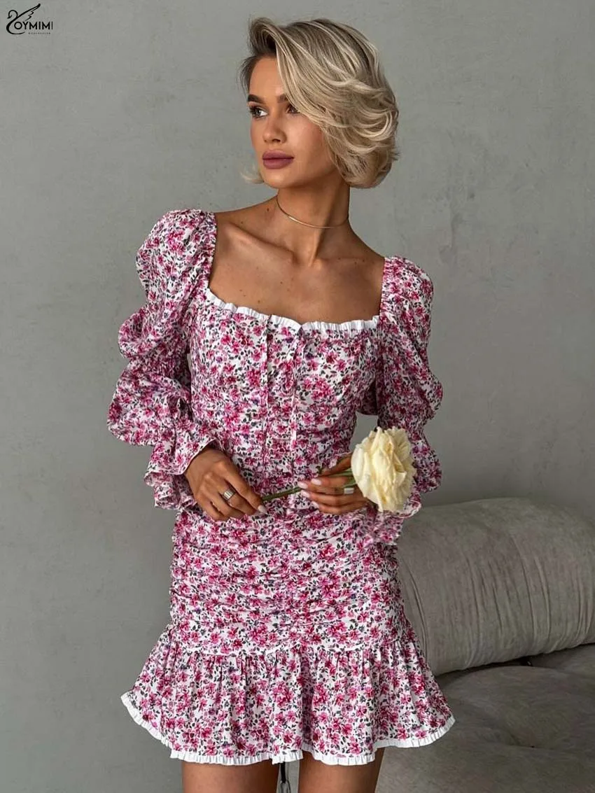 

Oymimi Elegant Purple Print Womens Dresses Fashion Patchwork Lace-Up Long Sleeve Dresses Casual Slim Lace Pleated Mini Dress