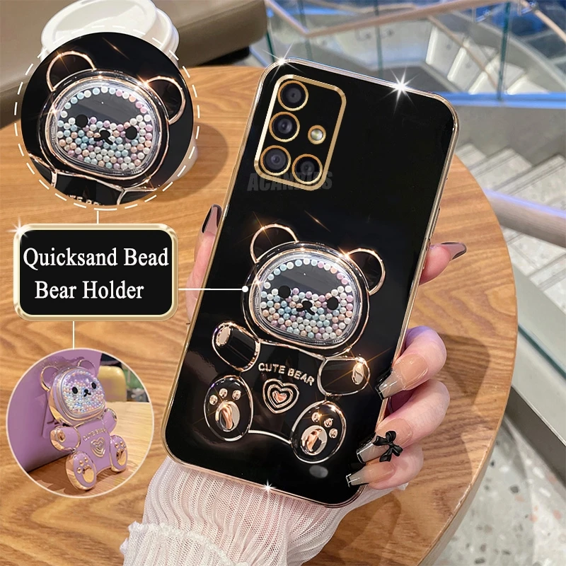 A 51 71 31 Cute Plating Quicksand Bear Holder Case For Samsung Galaxy A51 A71 4g A31 A12 A22 5g Silicone Stand Cover M32 M33 M53