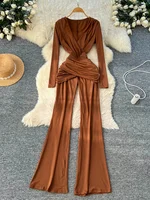 SINGREINY Minimalist Office Lady Jumpsuits Women Deep V Neck Slim Pleated High Waist American Fashion Glamorous Wide Leg Rompers - Image 2