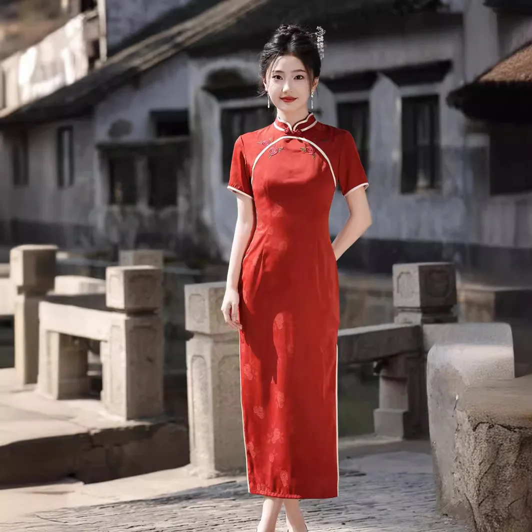 Yourqipao Red Chinese Traditional Cheongsam 2024 Wedding Toast Engagement Dress Women China Qipao Hanfu Dress