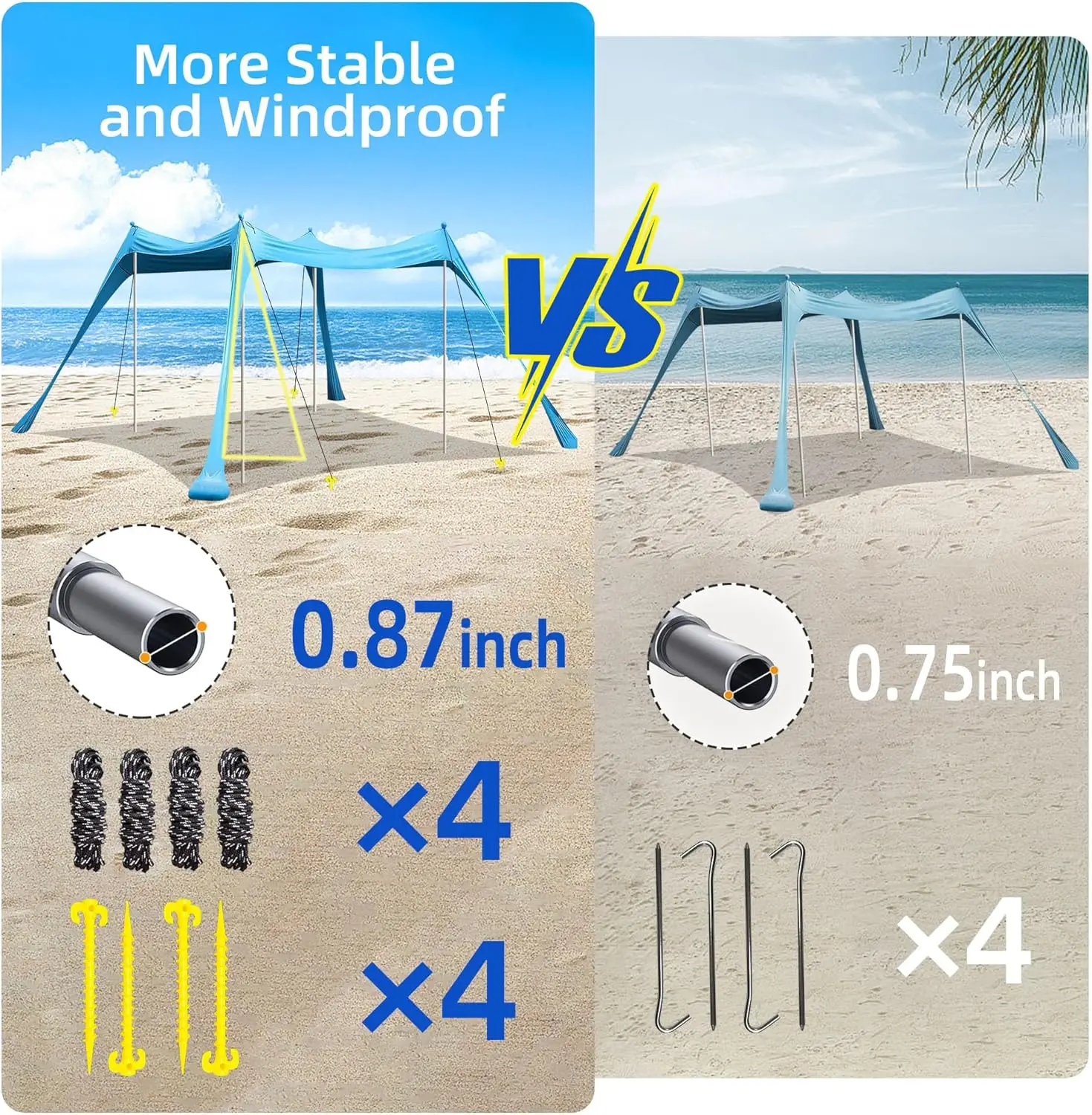 Family Beach Tent Canopy Sun Shade, Pop Up Grande Beach Tent Sun Shelter Stability 4 Poles with Portable Carry Bag Outdo