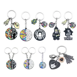 TV Show Wednesday Addams Cosplay Keychains Thing Hand Enamel Round Pendant Bag Car Keyring Jewelry Llaveros For Fans Gifts