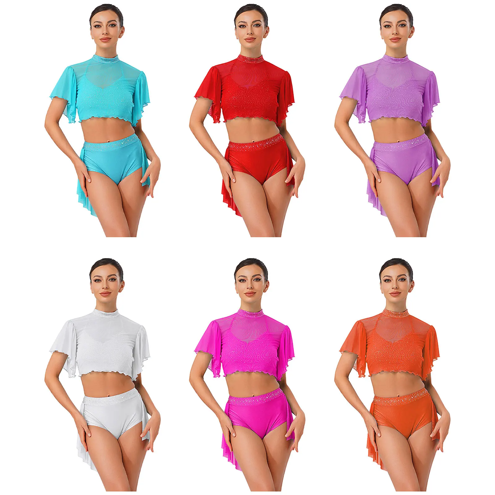 المرأة الغنائية الرقص الشكل التزلج زي عارية الذراعين بروتيل المحاصيل القمم + تنورة السراويل Dancewear مجموعات لأداء فئة الرقص