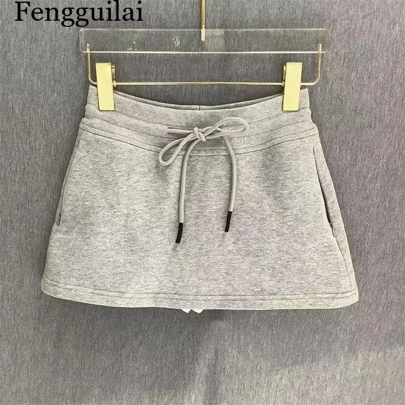 Streetwear Mini Skirt Women Korean Fashion Black Drawstring Skirts Summer Preppy High Waist Basic Casual A Line Faldas New