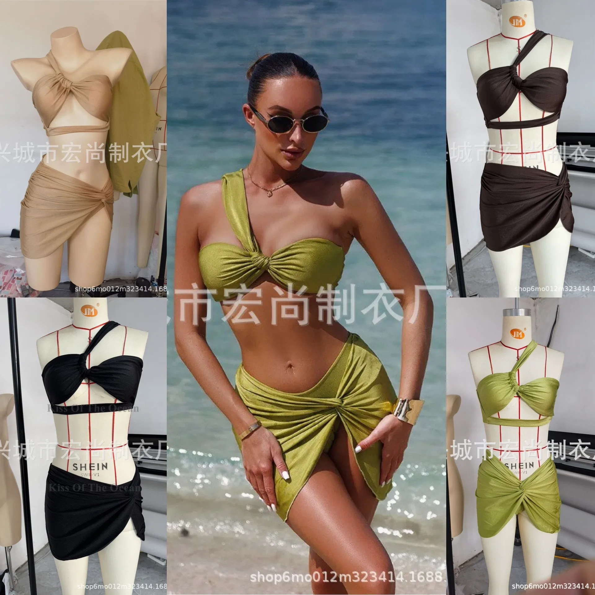 Elegant Solid Color Bikini Set One Shoulder Top Knotted Front Ruffle High Cut Swimsuit Olive Green Beige Two Piece Beachwear