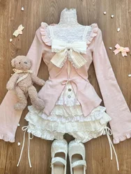 Winter Sweet Pink Three Piece Set Women Pink Coat +High Waist Cake Skirt +Bow Vest Top Female korean Lolita Kawaii Suit 2024