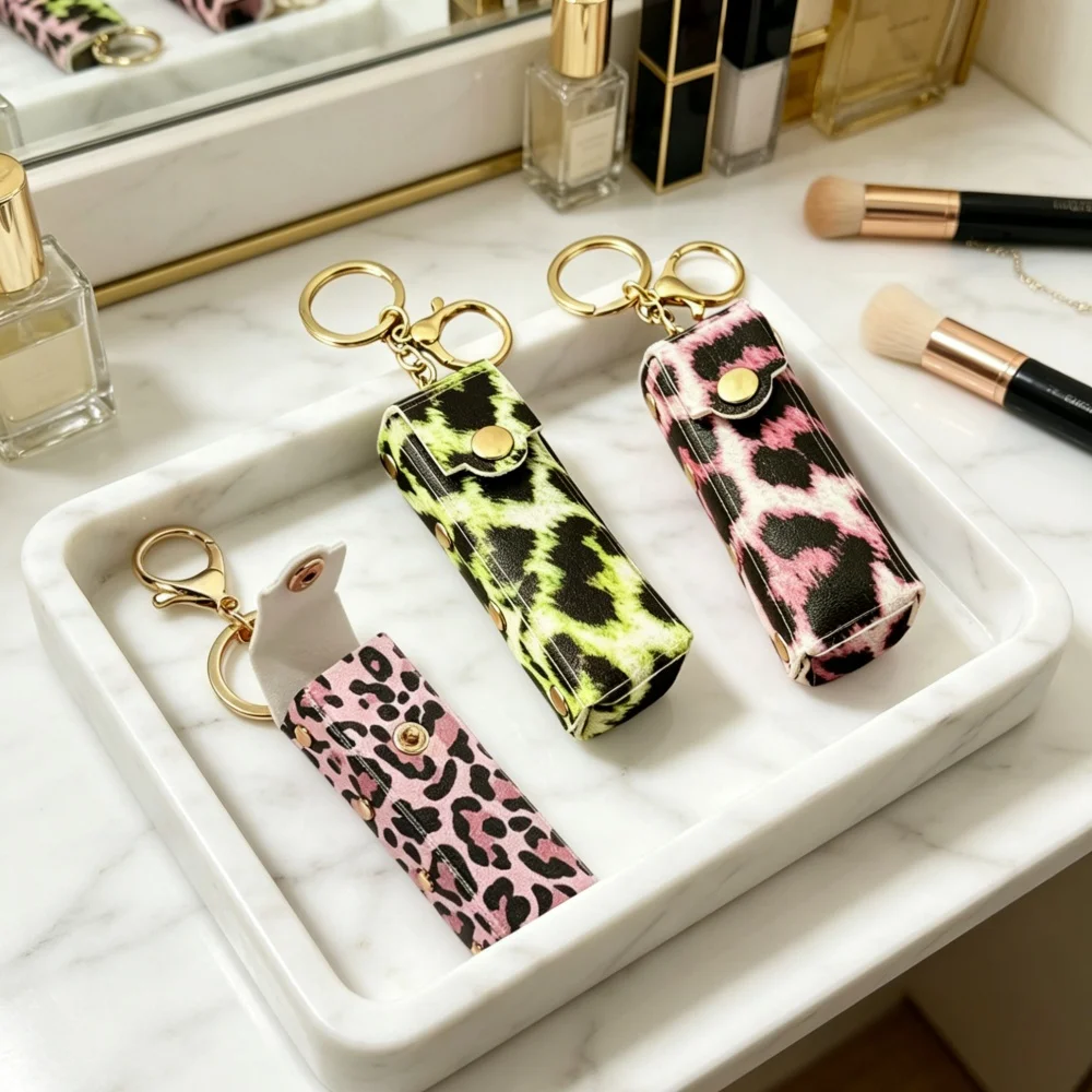 

Leopard Print Leather Portable Keychain Lipstick Storage Mini Cosmetic Bag Creative Key Ring Women Fashion Accessories