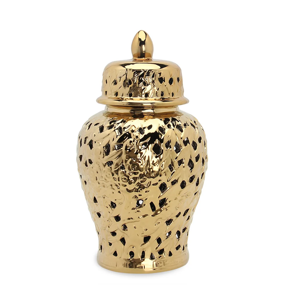 Modern New Chinese Hollow Golden Bamboo Leaf Ceramic General Jar Dried Flower Arrangement Decoration Porch Home Decoration