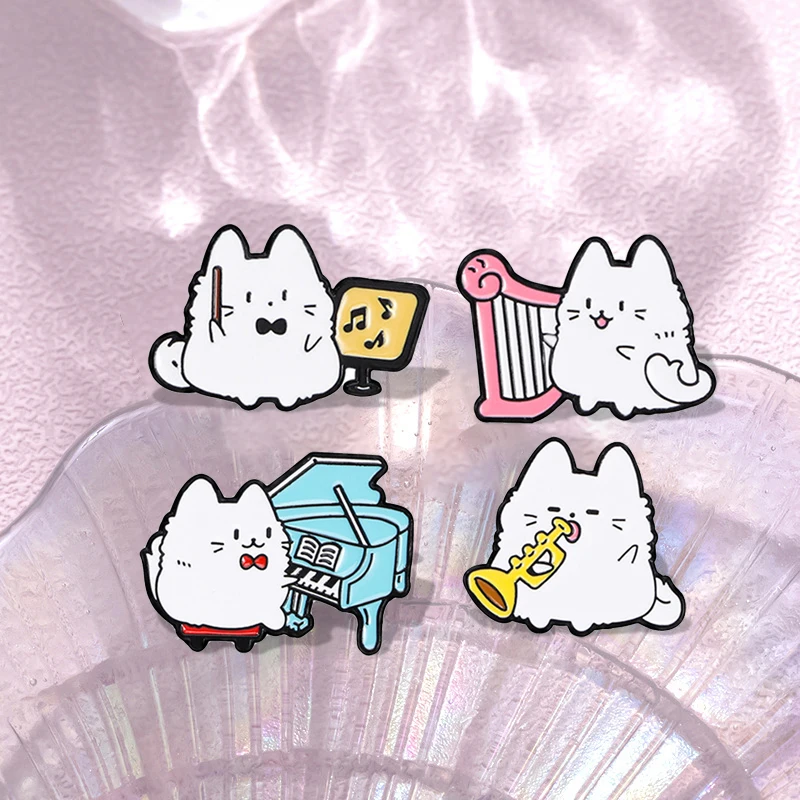 Cute Music White Cats Brooch Saxophone Blue Piano Pink Harp Cat Creative Animal Metal Badge Punk Pins Jewelry Accessories Gift