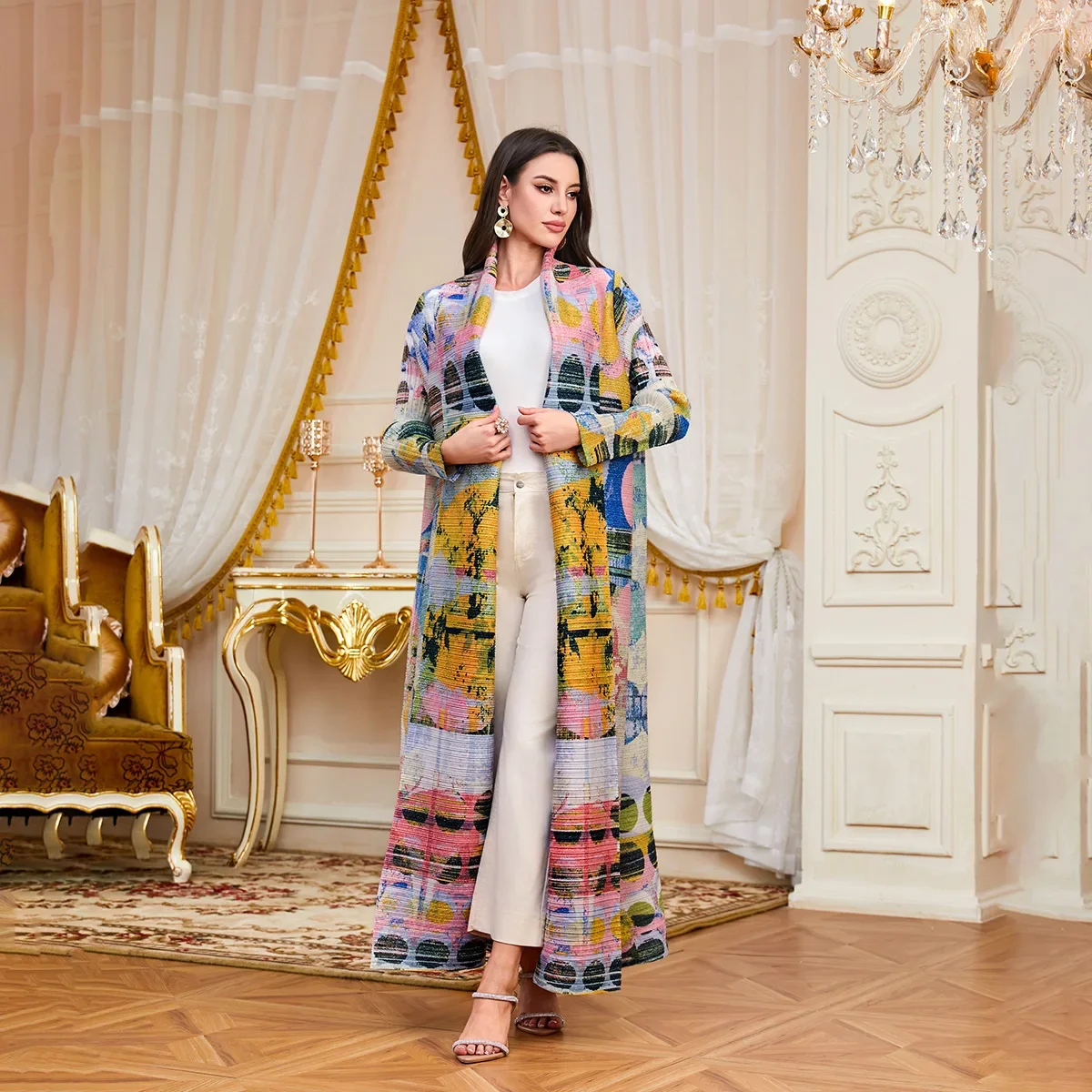 Miyake Pleated Turndown Collar Long Sleeve Designer Printed Coats Women Autumn Winter Abaya Fashion Original Design Loose Dress