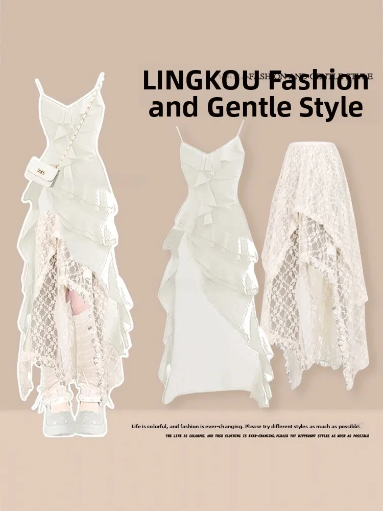 Tenue d'été à volants irréguliers pour femmes, jupe ajourée dr douce épicée, ensemble deux pièces, jupe t-shirt féerique