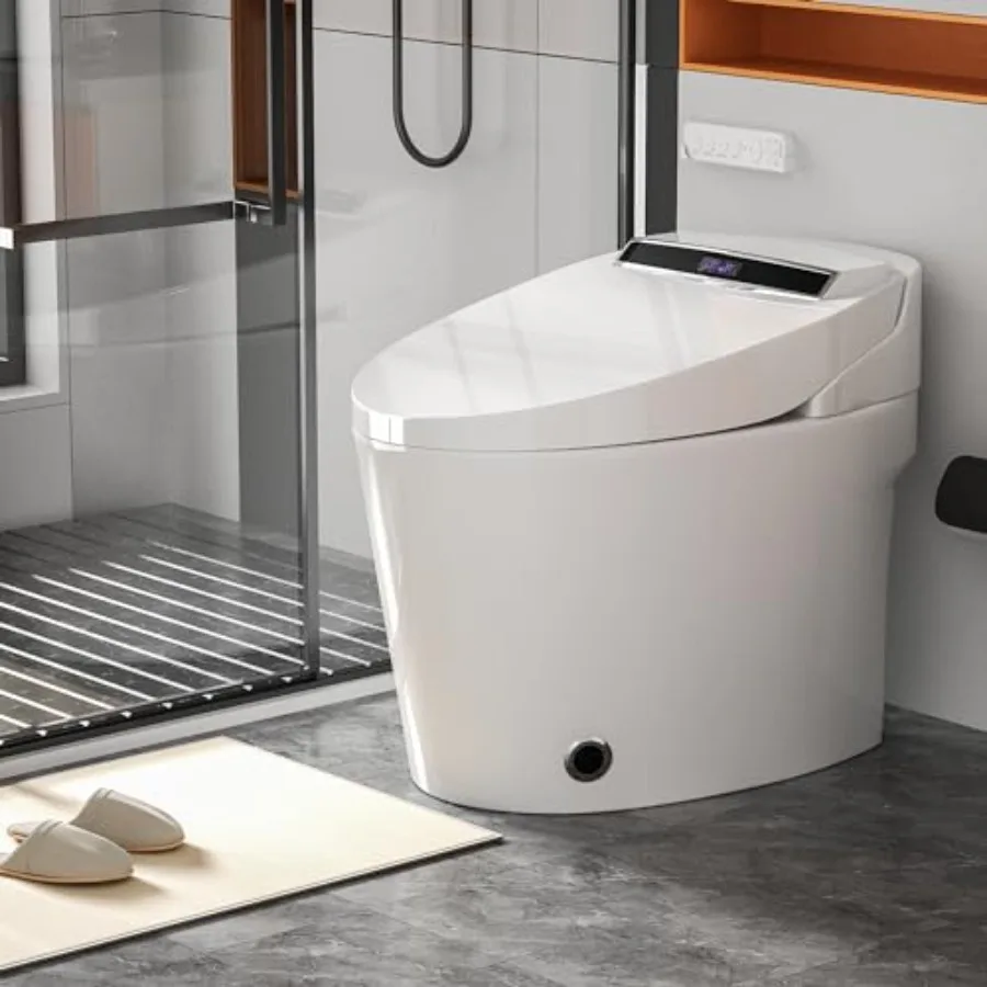 

Smart bidet toilet for bathrooms: white ceramic with heated seat, warm water wash, air dry, foot sensor, LED display, remote co
